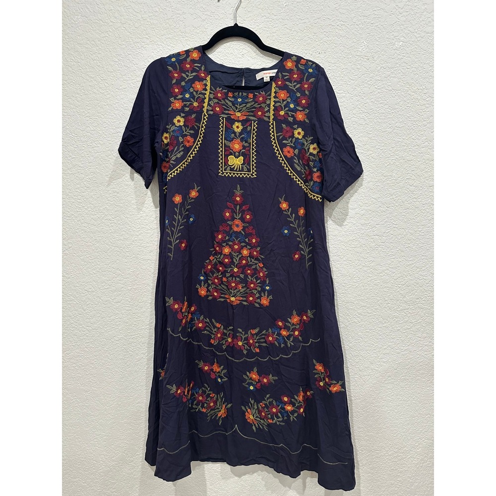 Orange Creek Navy Blue Floral Embroidered Shift Dress Womens Medium Boho Pockets
